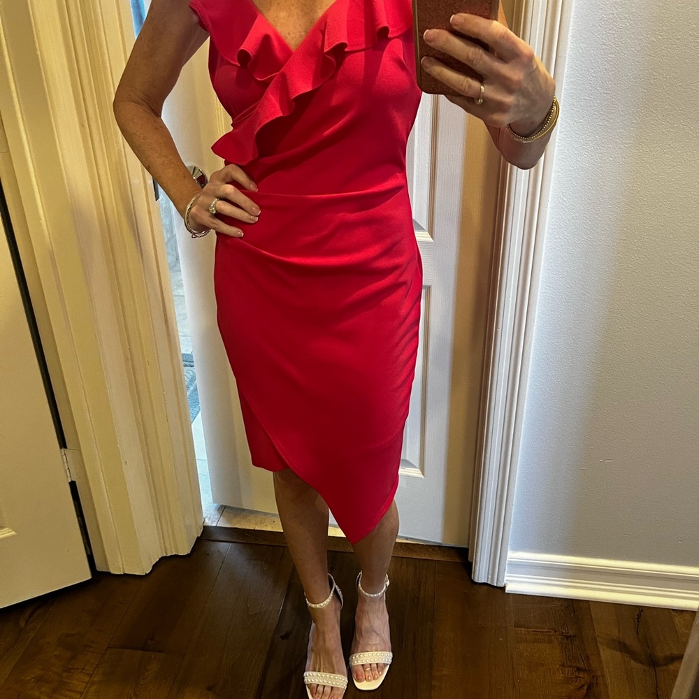 Red Asymmetrical Sheath Dress with Ruffled V-Neck